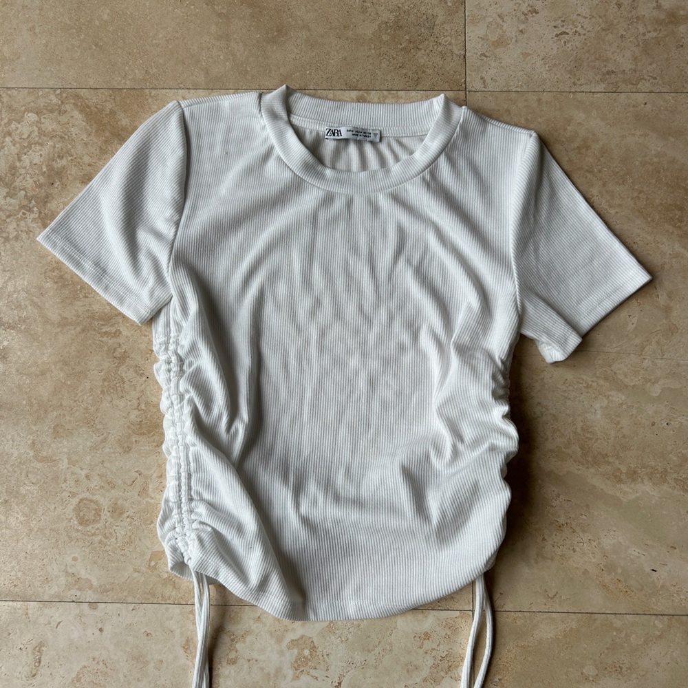 Zara Cream Ribbed Short Sleeve Tee with Side Drawstrings